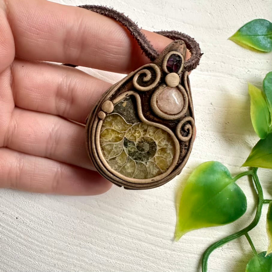 Ammonite Morganite and Rhodolite Garnet Necklace, Gemstone Jewelry