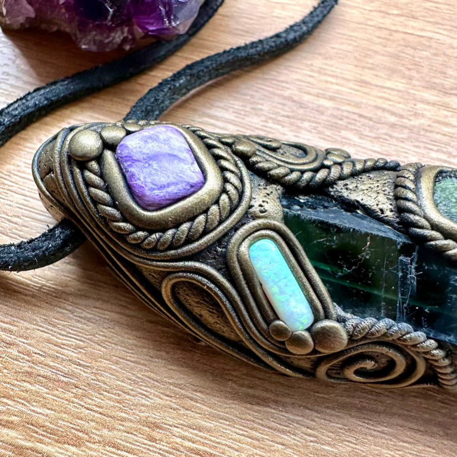 Gorgeous Vivianite with Moldavite, Charoite, Solid Australian Opal, and Lapis Lazuli Healing Crystal Wand-Pendant, Handmade Healing Crystal Talisman - FairyGardenGlow