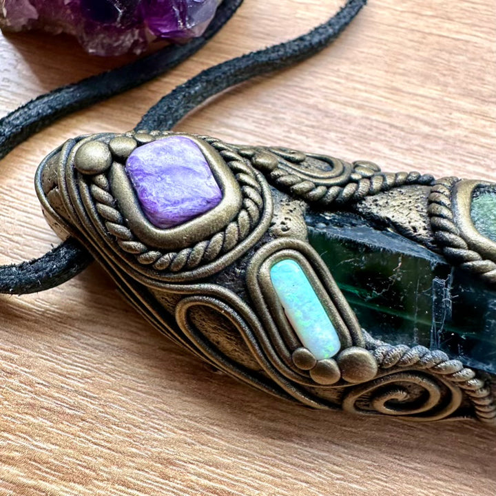 Gorgeous Vivianite with Moldavite, Charoite, Solid Australian Opal, and Lapis Lazuli Healing Crystal Wand-Pendant, Handmade Healing Crystal Talisman - FairyGardenGlow