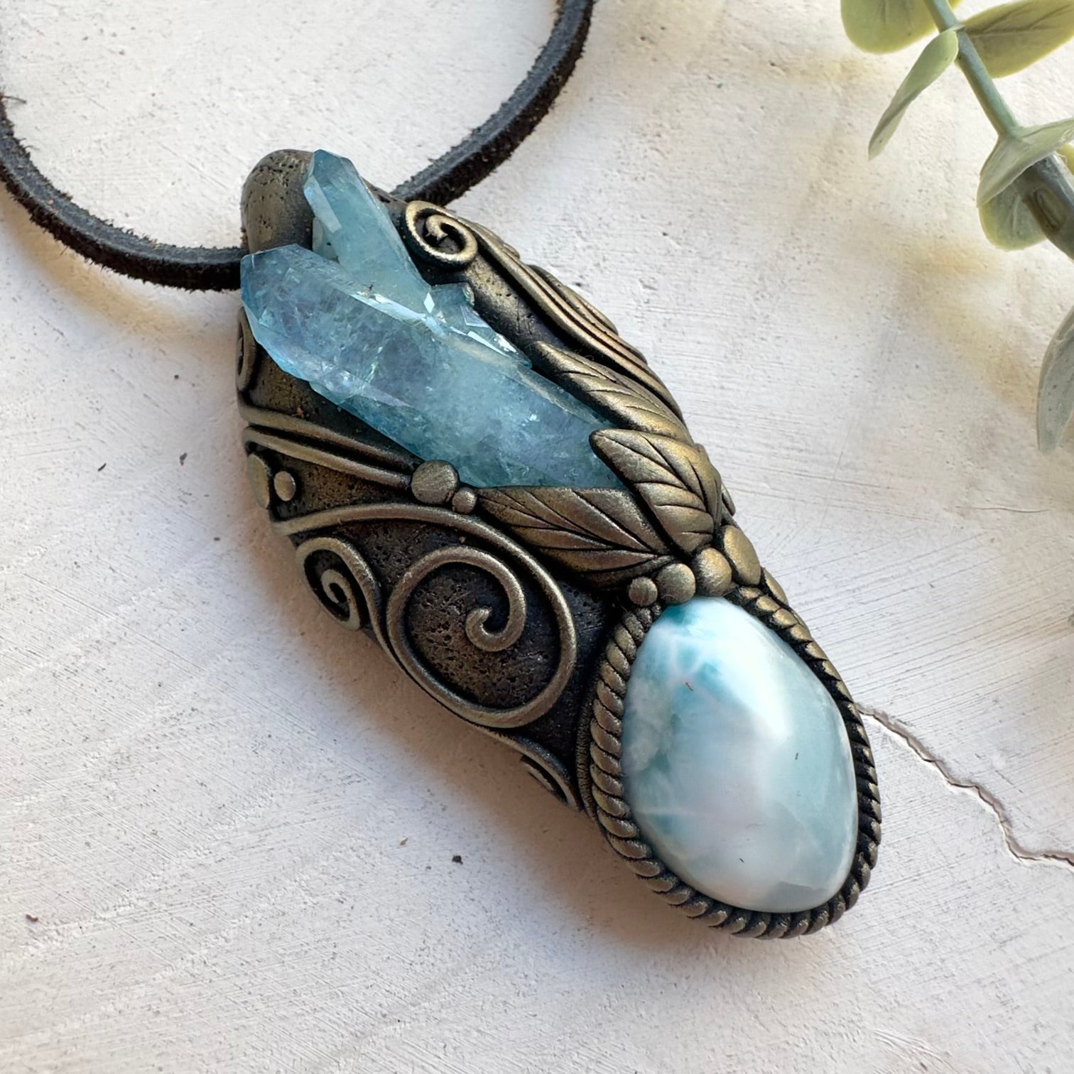 Spiritual jewelry with calming ocean blue gemstones aqua aura quartz and larimar