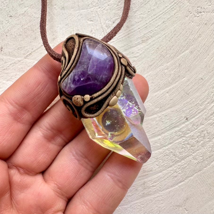 Angel Aura Quartz and Amethyst Moon Necklace, Handmade Crystal Jewelry FairyGardenGlow