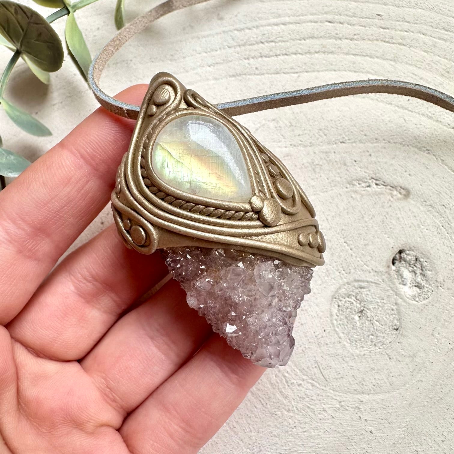 Handmade necklace with spirit quartz and rainbow moonstone