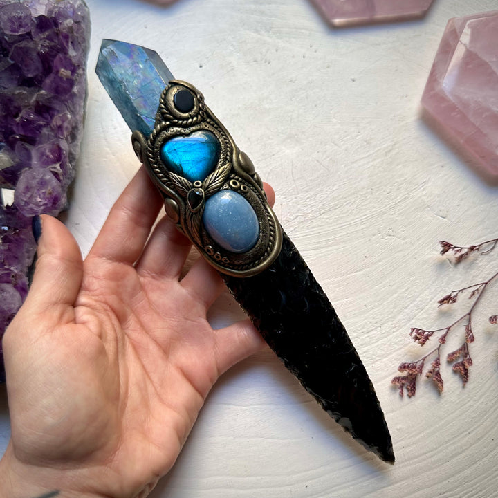 Black Obsidian Arrowhead with Aqua Aura Quartz Labradorite Heart Angelite and Smoky Quartz and Black Onyx Wand - FairyGardenGlow