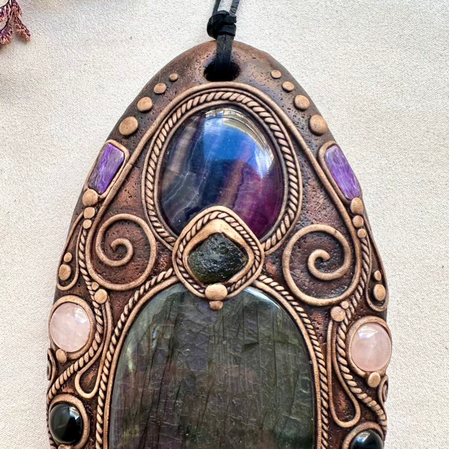Unique handmade wall decor with Moldavite, Charoite and Labradorite