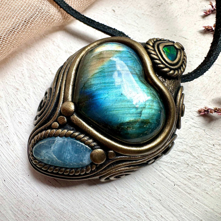 Labradorite Heart Aquamarine and Black Opal Pendant - FairyGardenGlow