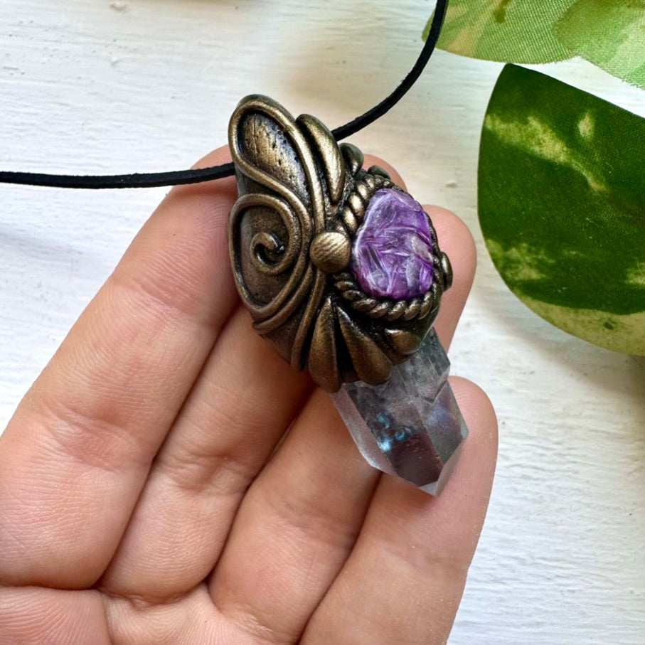 Aqua Aura Quartz and Charoite Necklace - FairyGardenGlow