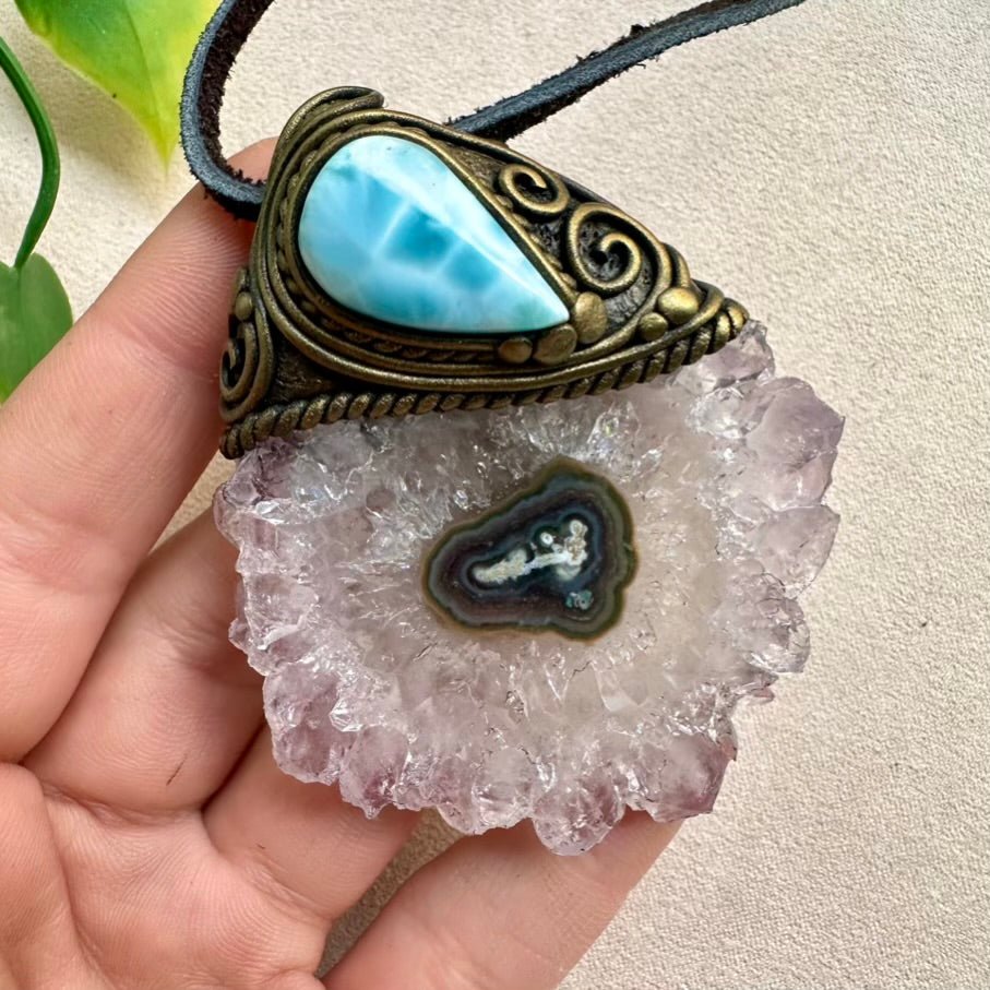 Amethyst Stalactite and Larimar Crystal Necklace - FairyGardenGlow