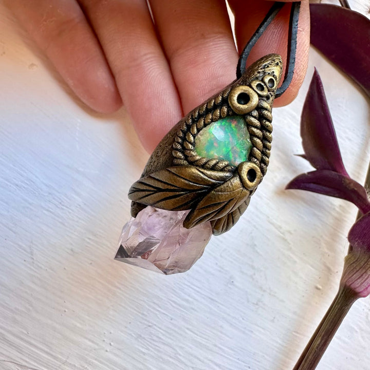 Raw Amethyst and Raw Opal Necklace - FairyGardenGlow