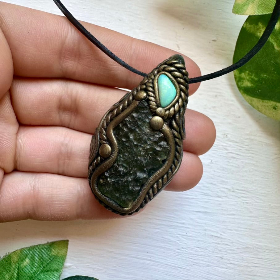 Moldavite and Australian Opal Necklace - FairyGardenGlow