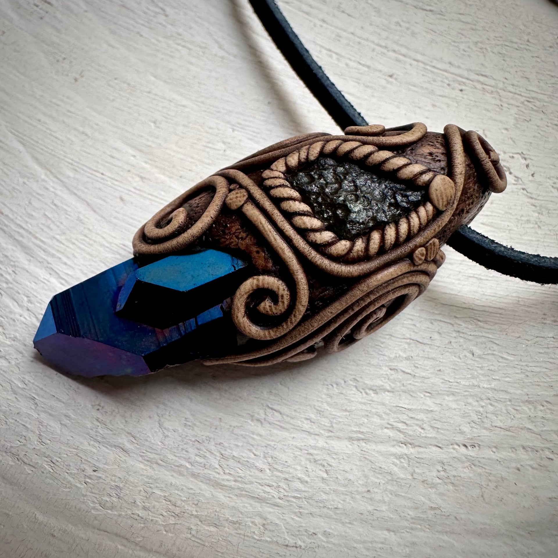 Cobalt Aura Quartz and Moldavite Pendant