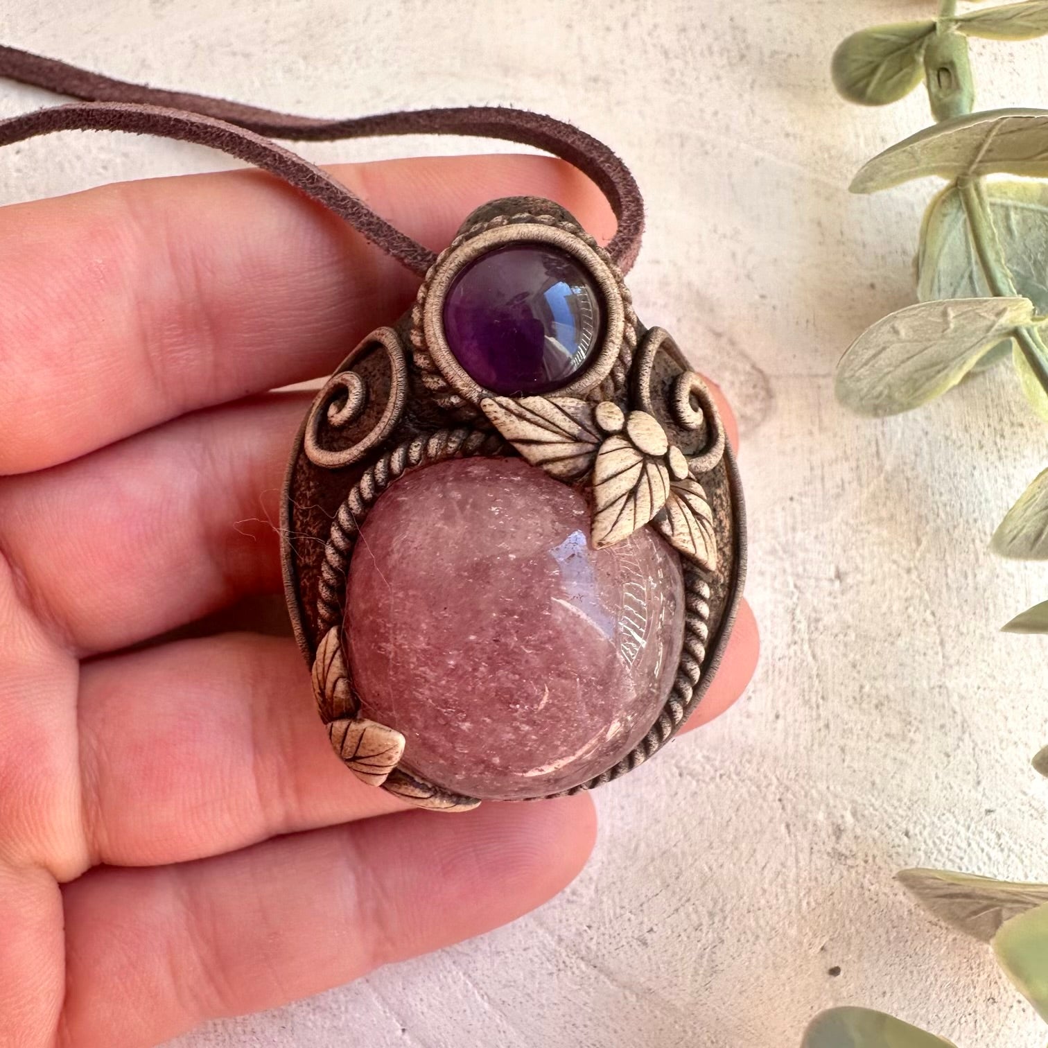 Handmade spiritual jewelry with Strawberry Quartz and Amethyst crystals