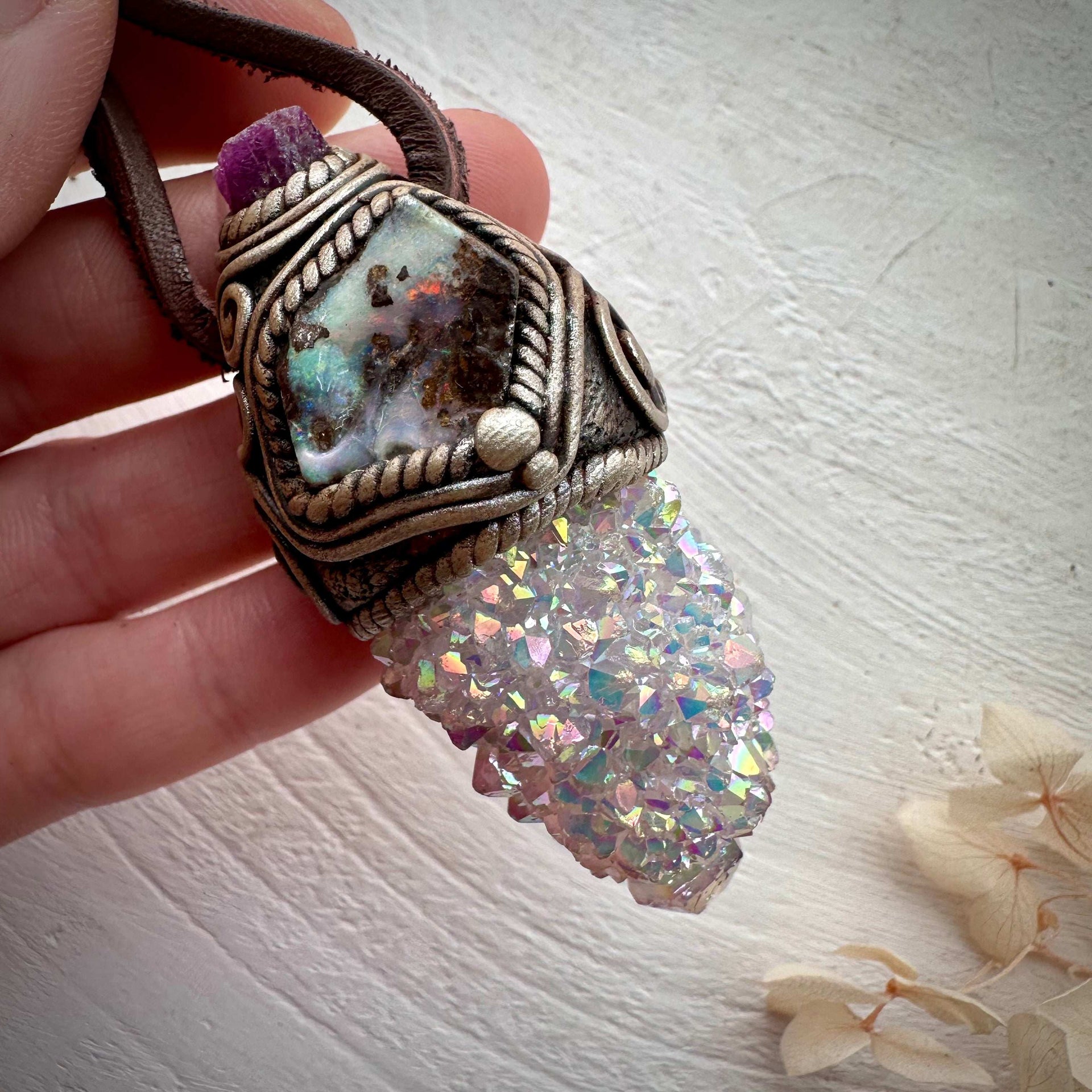 Angel Aura Spirit Quartz Boulder Opal and Ruby Pendant Necklace - FairyGardenGlow