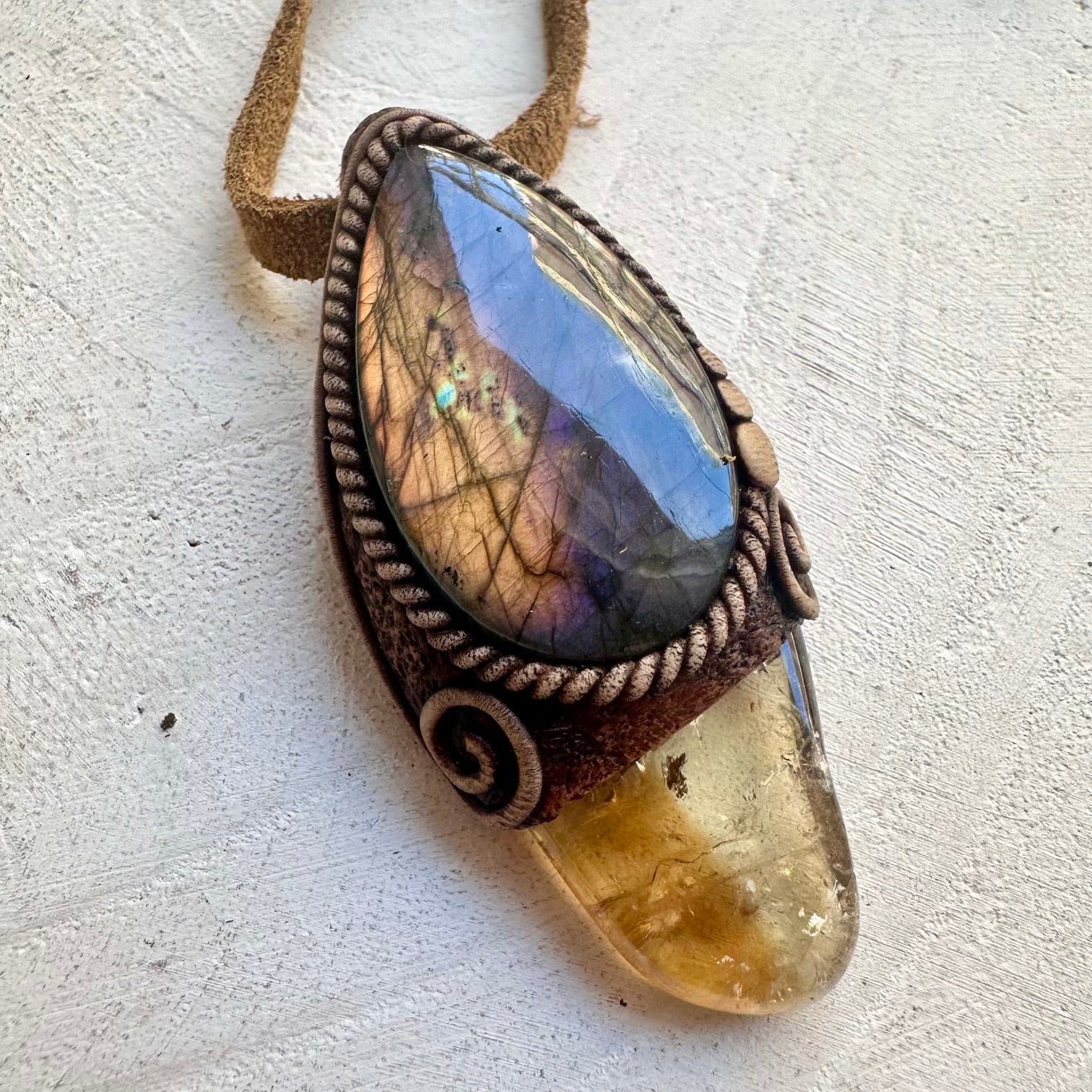 Bi Color Citrine and Labradorite pendant necklace handmade with natural gemstones