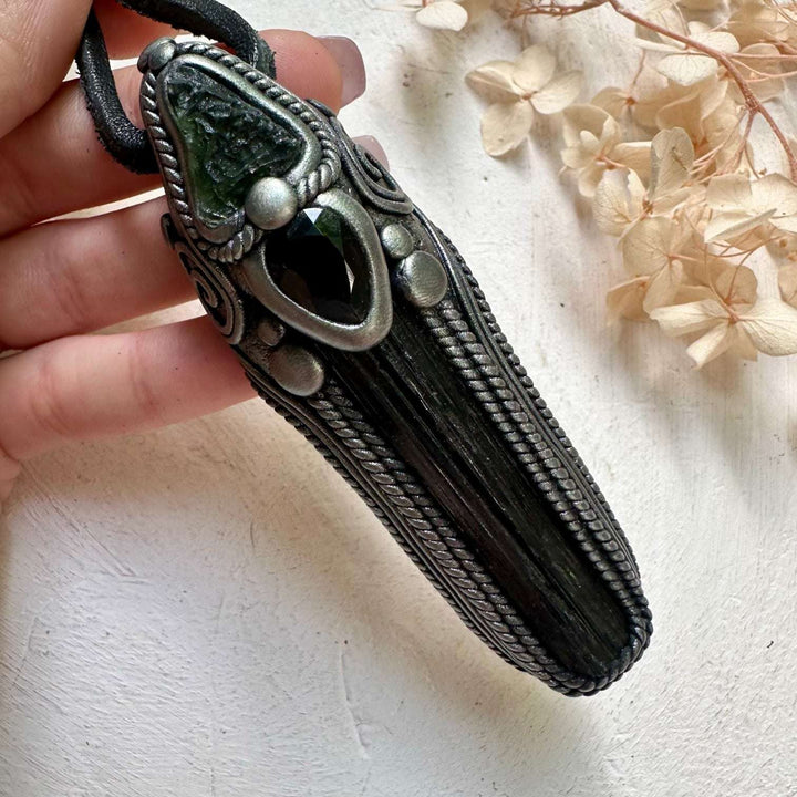 Black Tourmaline Moldavite and Smoky Quartz Wand / Pendant - FairyGardenGlow