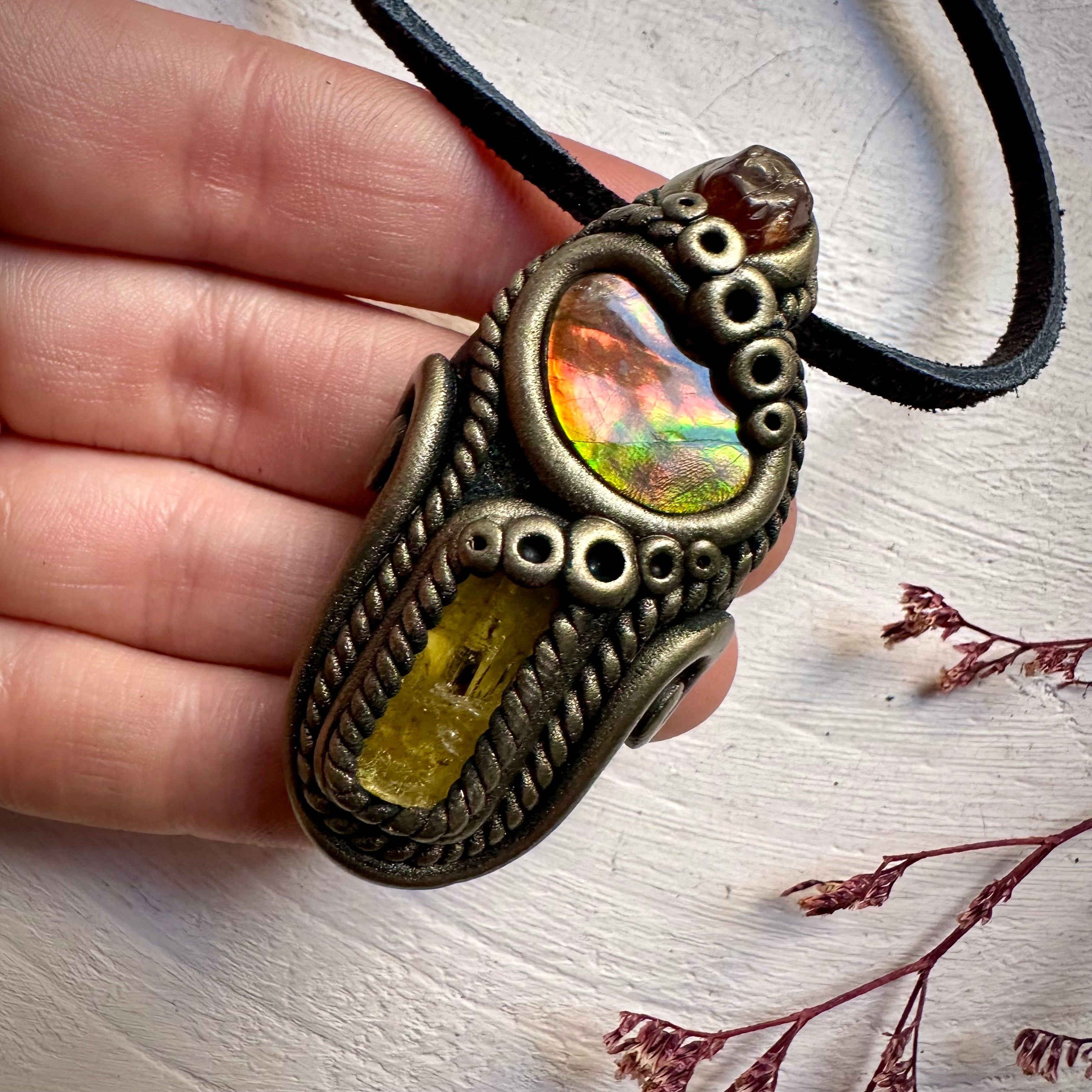 Ammolite Heliodor and Hessonite Garnet Necklace - FairyGardenGlow