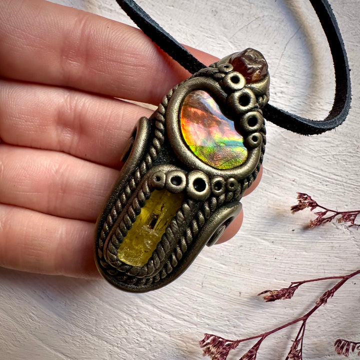 Ammolite Heliodor and Hessonite Garnet Necklace - FairyGardenGlow