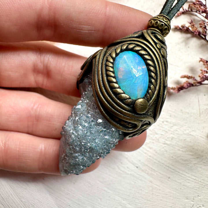 Aqua Aura Spirit Quartz and Australian Opal Necklace - FairyGardenGlow