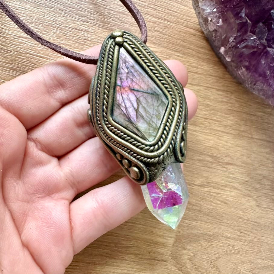 Labradorite and Angel Aura Quartz Pendant Necklace, Unique Handmade Jewelry - FairyGardenGlow