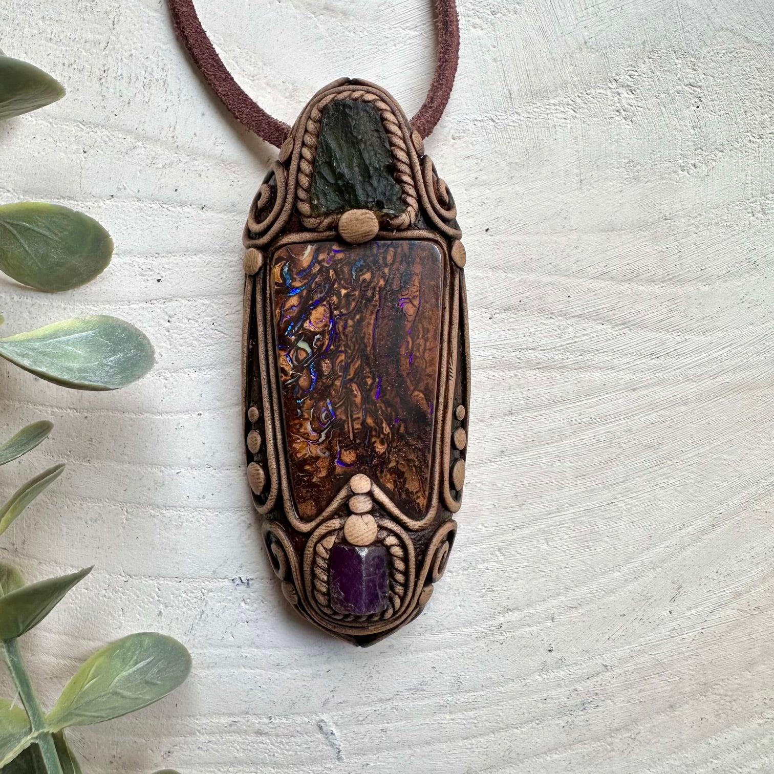 Boulder Opal Moldavite and Raw Ruby Handmade Necklace