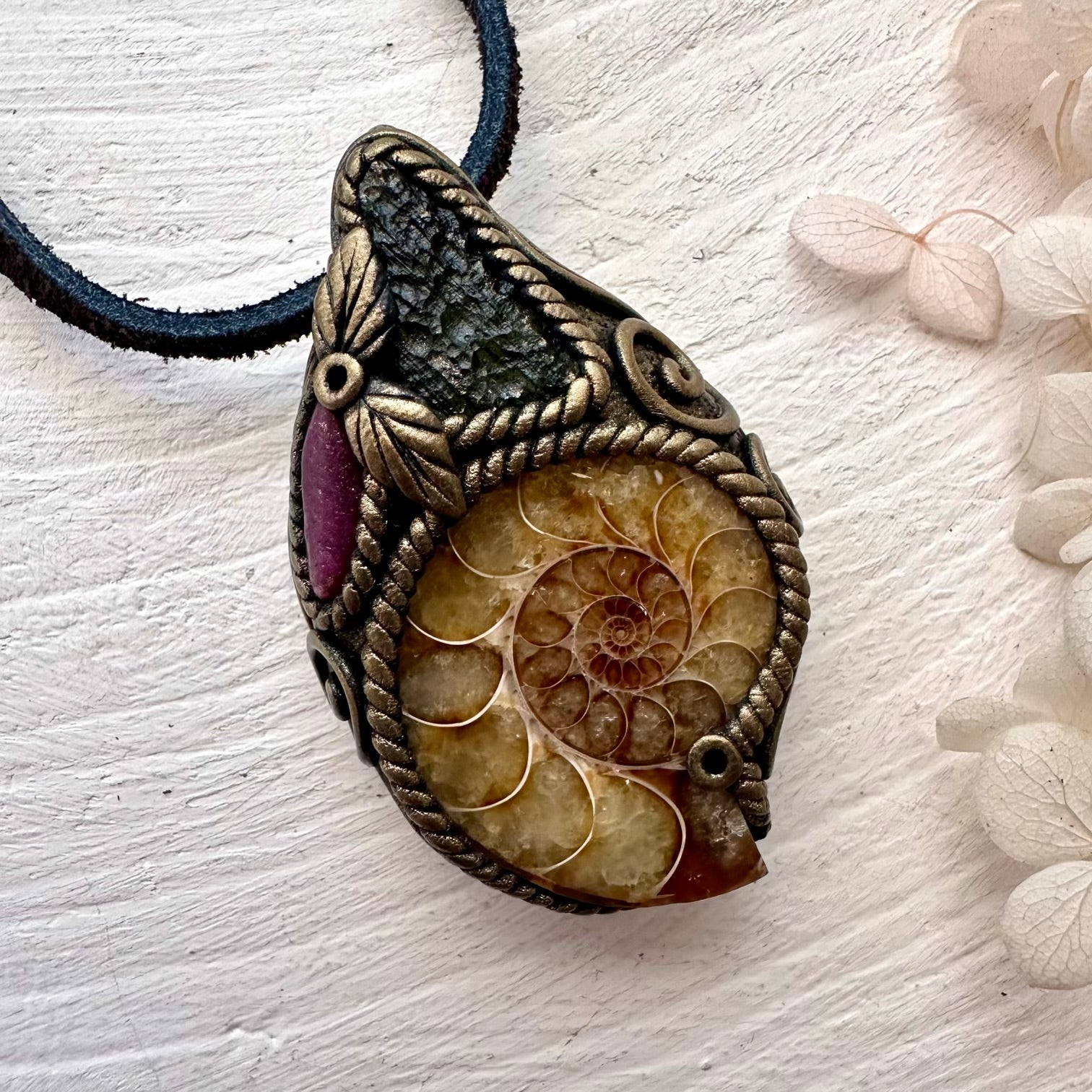 Ammonite Moldavite and Ruby Necklace - FairyGardenGlow