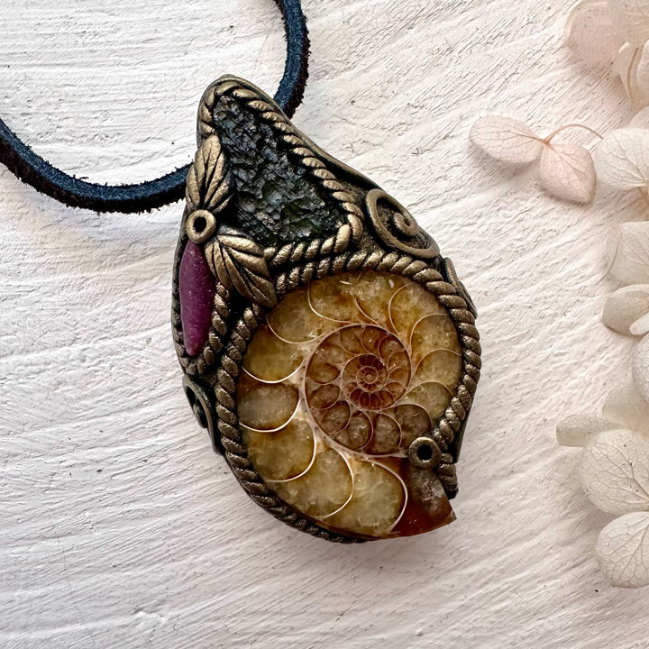 Ammonite Moldavite and Ruby Necklace - FairyGardenGlow