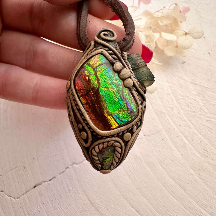 Ammolite Boulder Opal and Moldavite Necklace - FairyGardenGlow