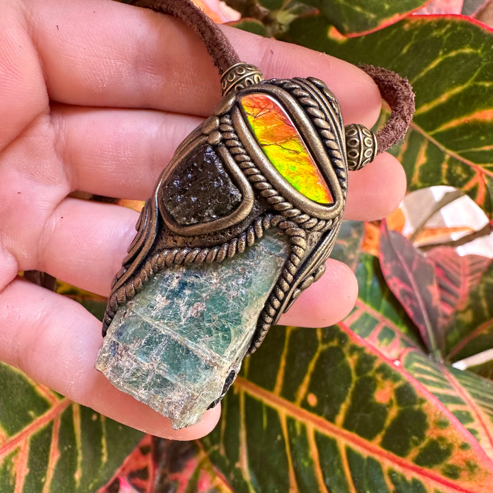 Green Kyanite Ammolite and Moldavite Pendant Necklace - FairyGardenGlow