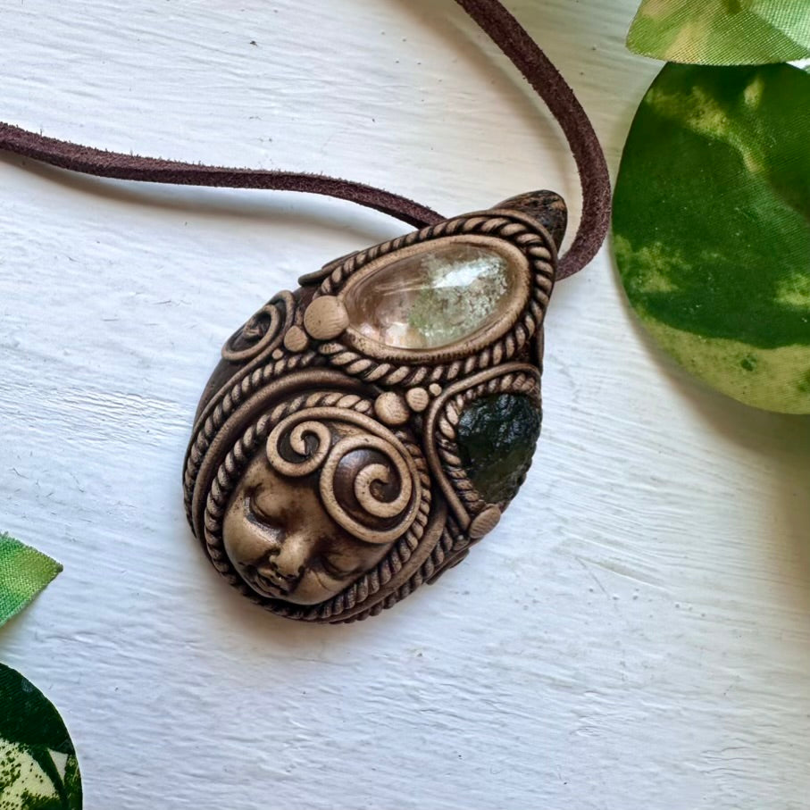 Chlorite Quartz and Moldavite Goddess Necklace - FairyGardenGlow