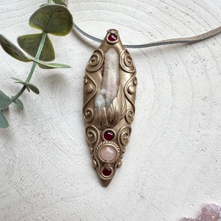 Healing crystal pendant with morganite rhodolite garnet and fairy quartz