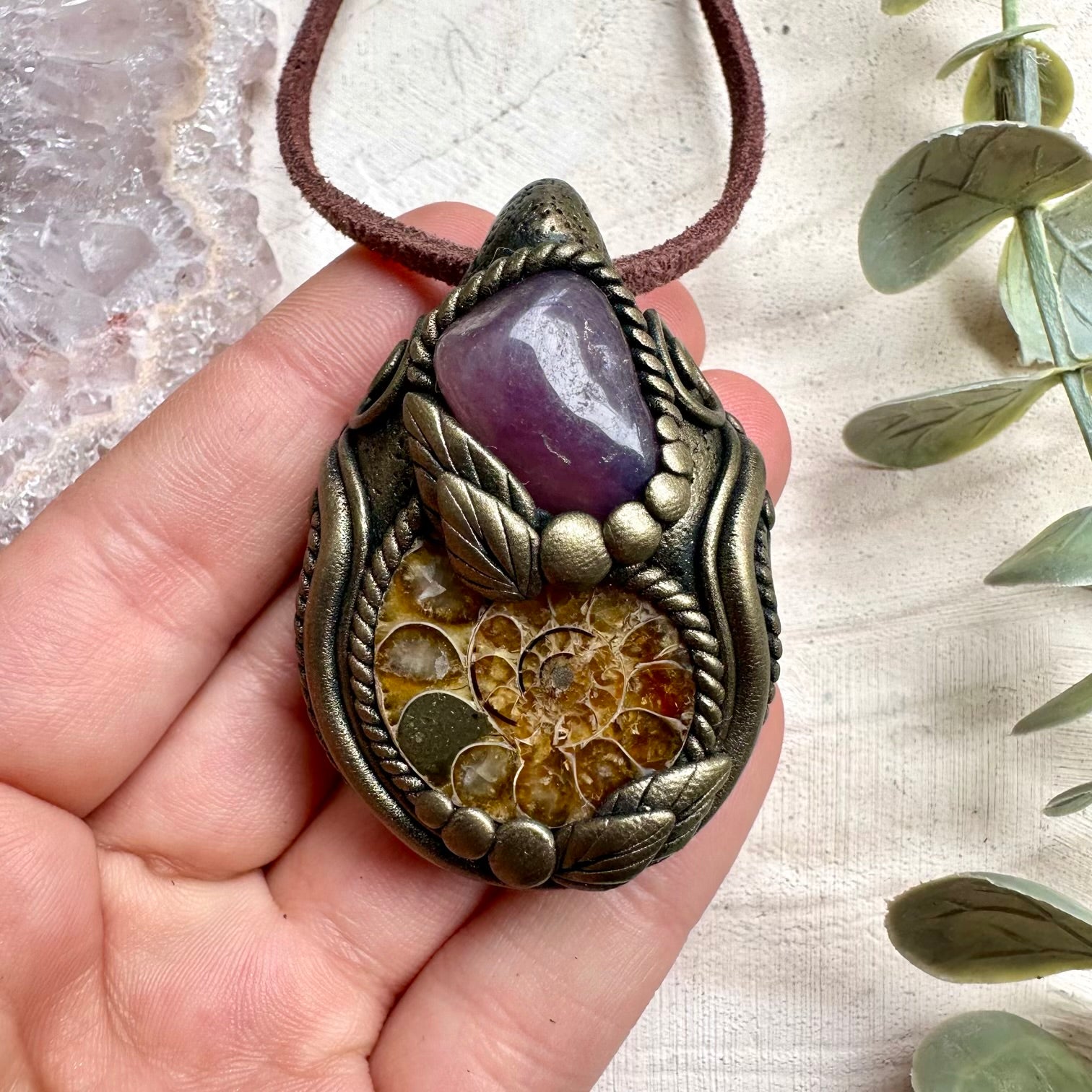 Ammonite and Lavender Quartz Pendant Necklace