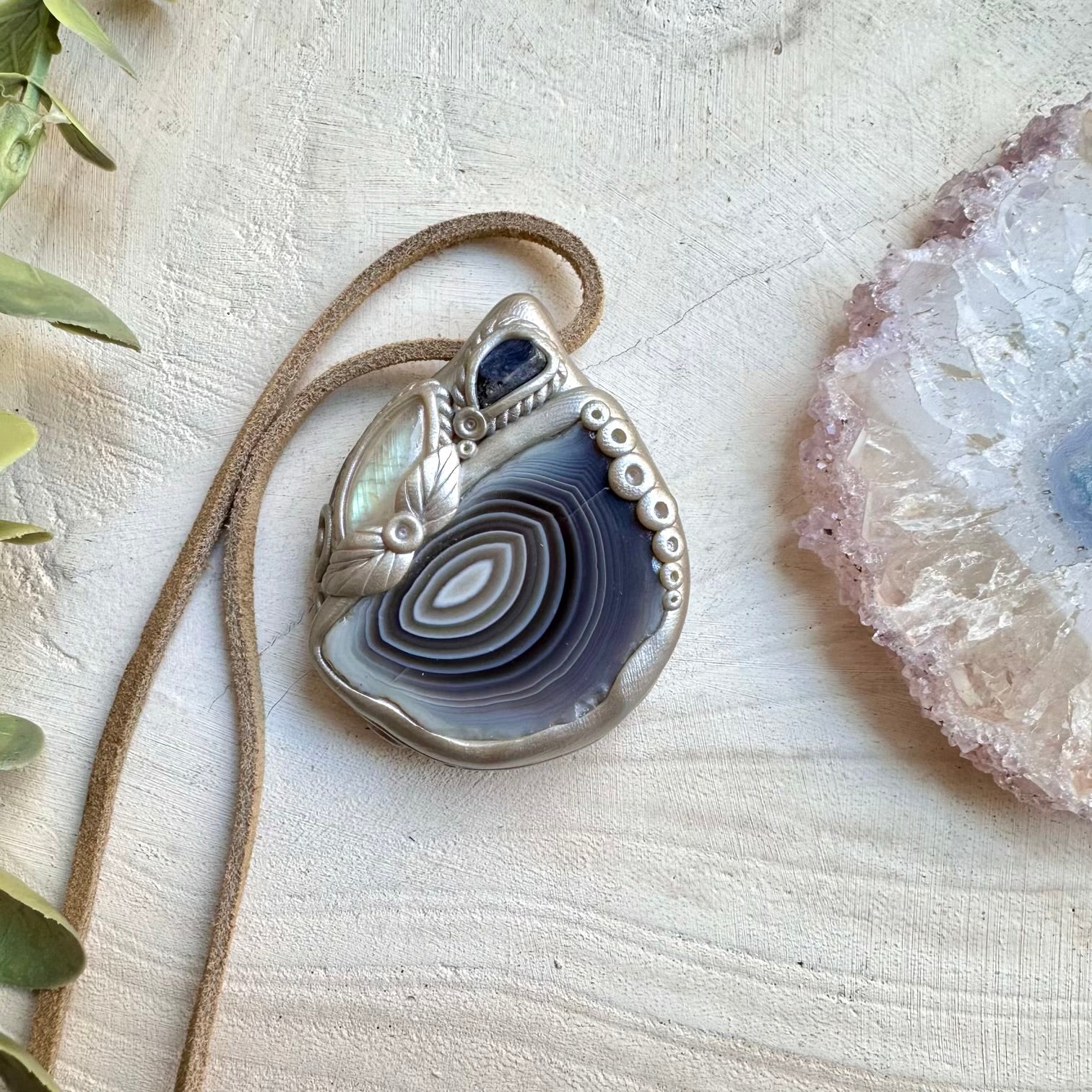 Botswana Agate Rainbow Moonstone and Raw Tanzanite Necklace, Healing Crystal Pendant