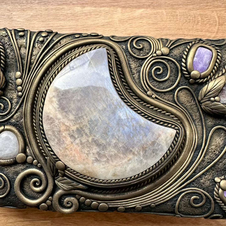 Handmade Wooden Box with Crystals – Moonstone Moon, Blue Chalcedony, Rose Quartz, Tanzanite, Charoite & Aqua Aura Spirit Quartz - FairyGardenGlow