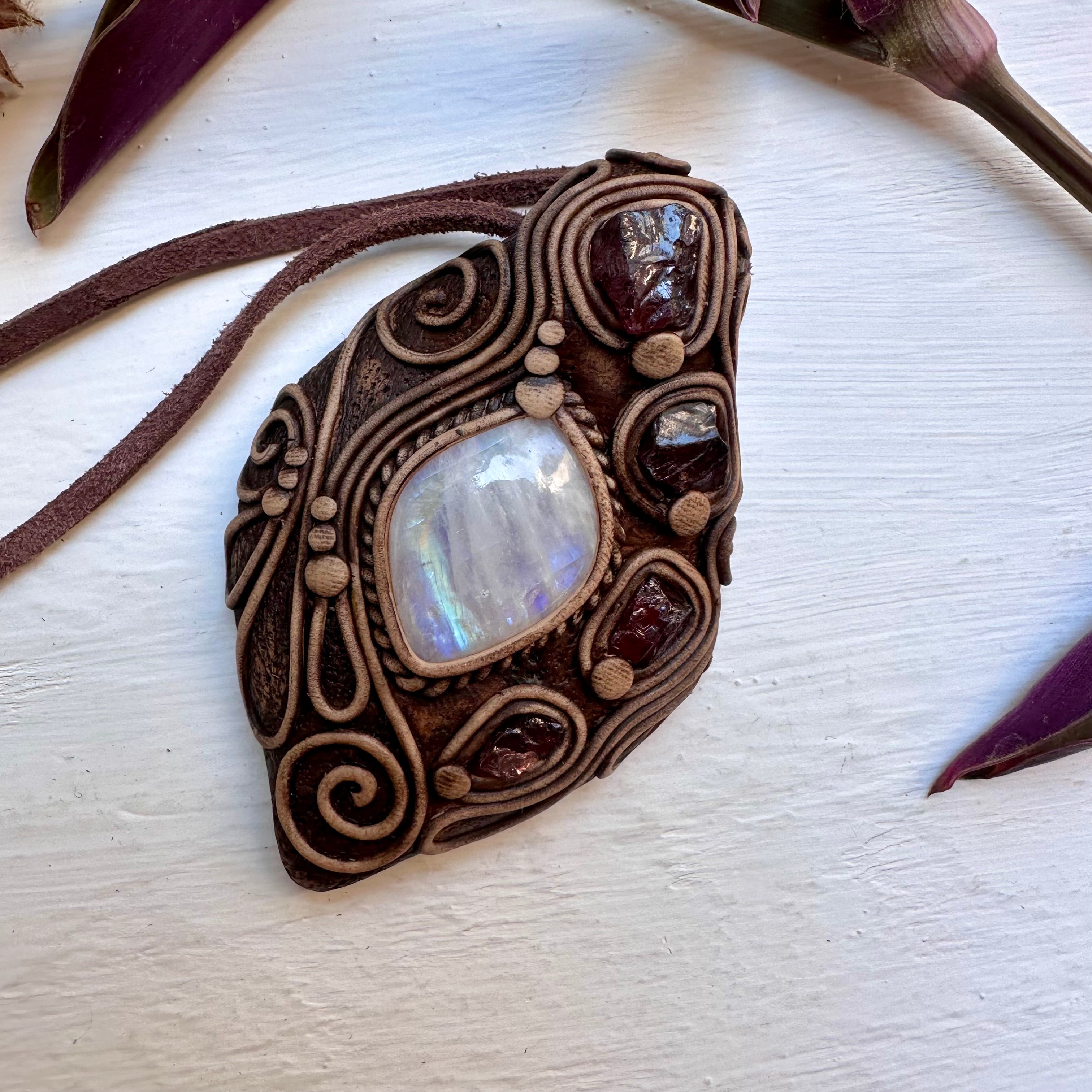 Rainbow Moonstone and Red Garnet Necklace - FairyGardenGlow