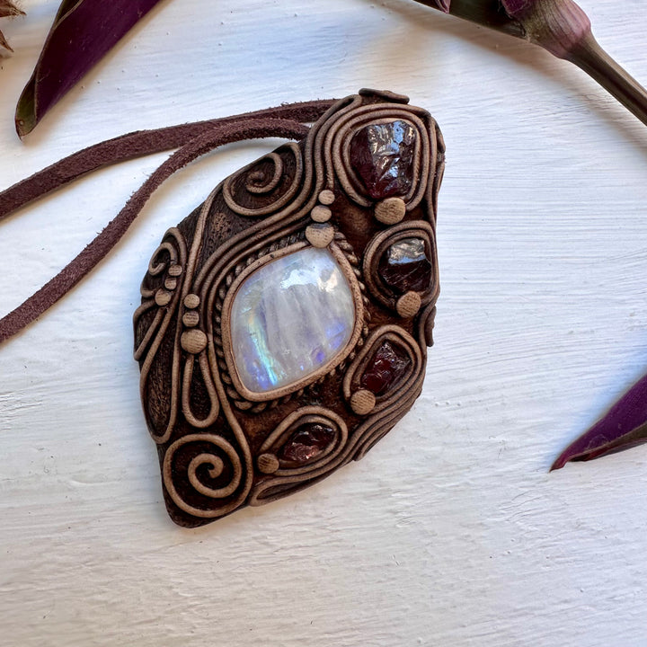 Rainbow Moonstone and Red Garnet Necklace - FairyGardenGlow