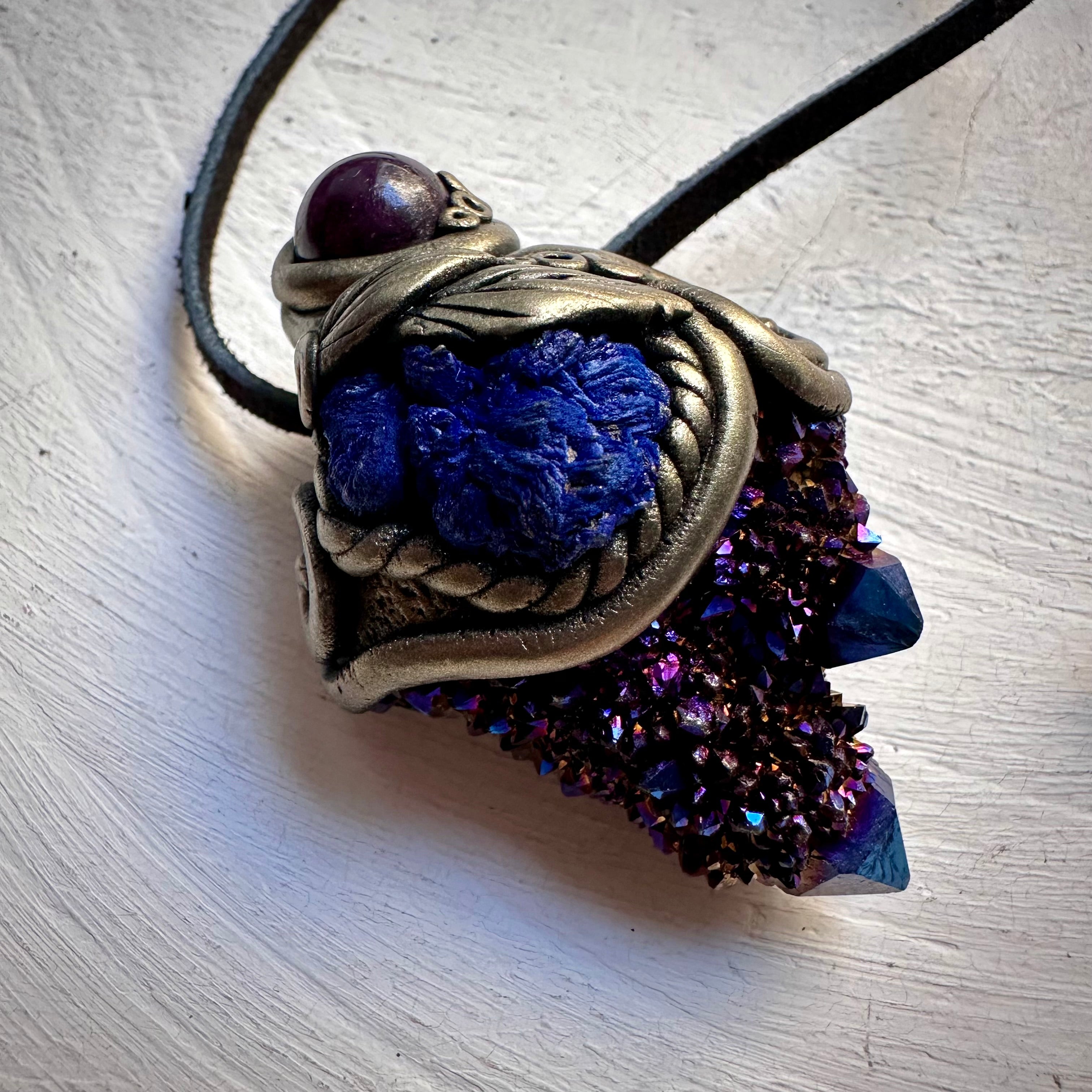 Cobalt Aura Spirit Quartz Azurite and Ruby Necklace - FairyGardenGlow