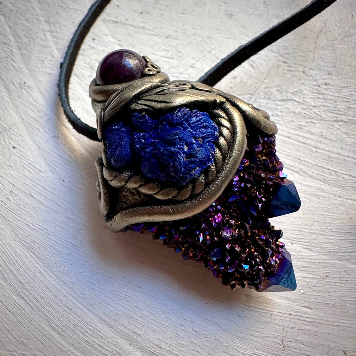 Cobalt Aura Spirit Quartz Azurite and Ruby Necklace - FairyGardenGlow