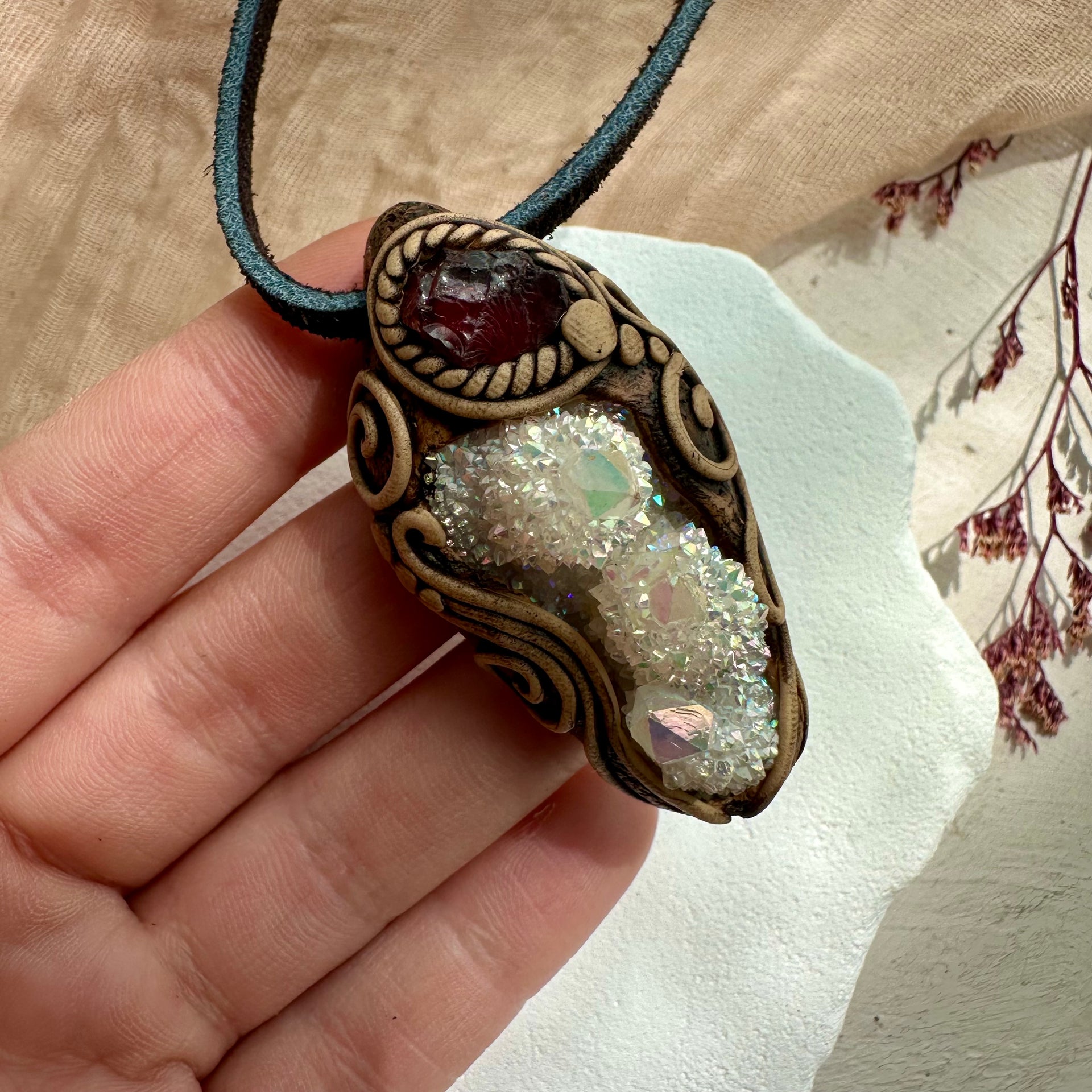 Angel Aura Spirit Quartz and Red Garnet Pendant Necklace