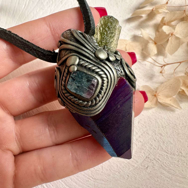 Cobalt Aura Quartz Moldavite and Bi Color Tourmaline Pendant Necklace - FairyGardenGlow