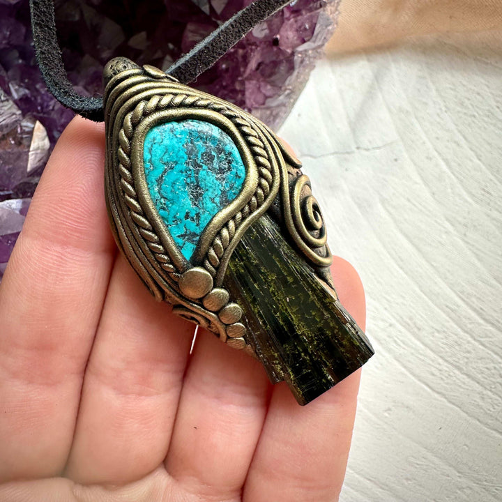 Epidote and Turquoise Pendant Necklace - FairyGardenGlow
