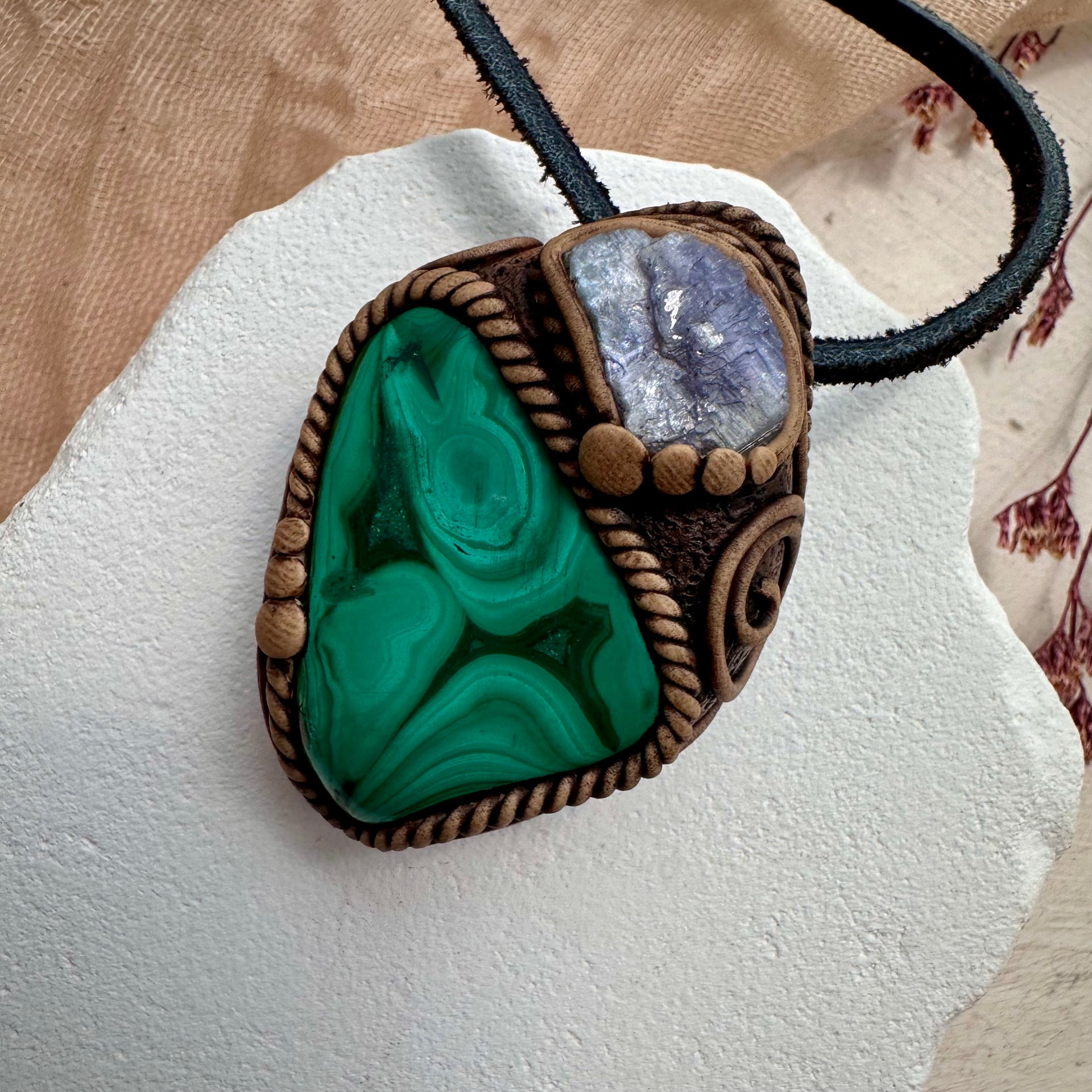 Malachite and Raw Tanzanite Pendant Necklace