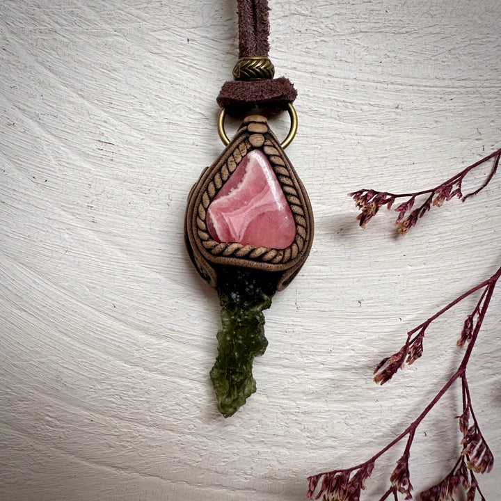 Moldavite and Rhodochrosite Necklace - FairyGardenGlow