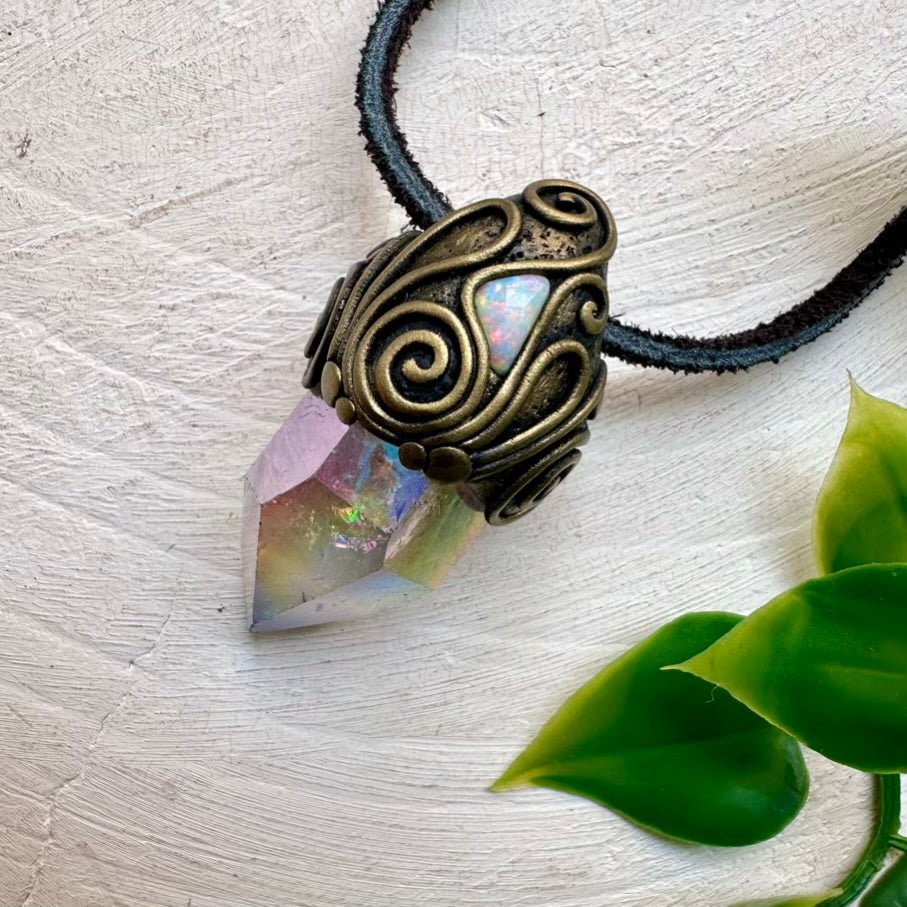 Angel Aura Quartz and Australian Opal Necklace, Healing Crystal Jewelry FairyGardenGlow