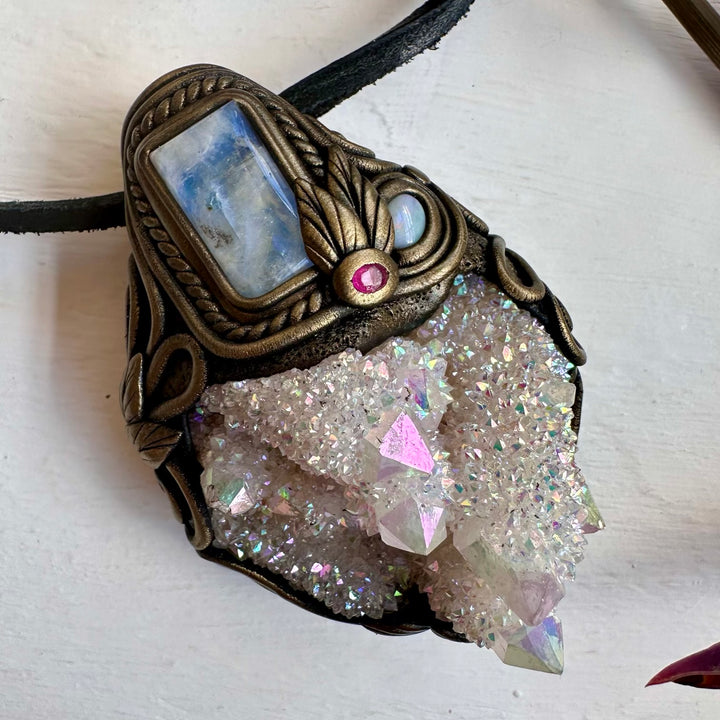 Angel Aura Spirit Quartz Rainbow Moonstone Australian Opal and Ruby Wand / Necklace - FairyGardenGlow