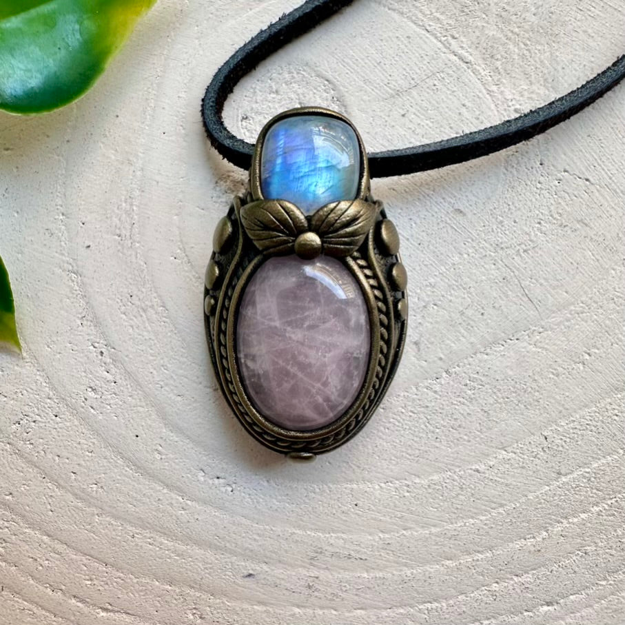 Rose Quartz and Rainbow Moonstone Necklace