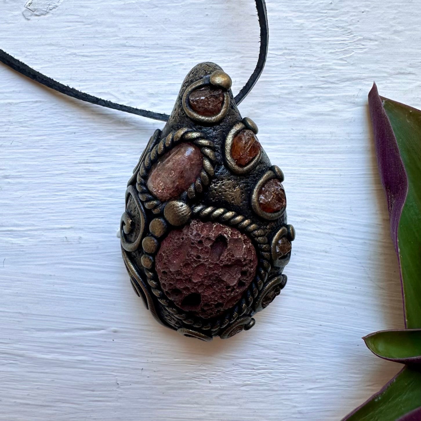 Lava Stone Sunstone and Hessonite Garnet Necklace - FairyGardenGlow