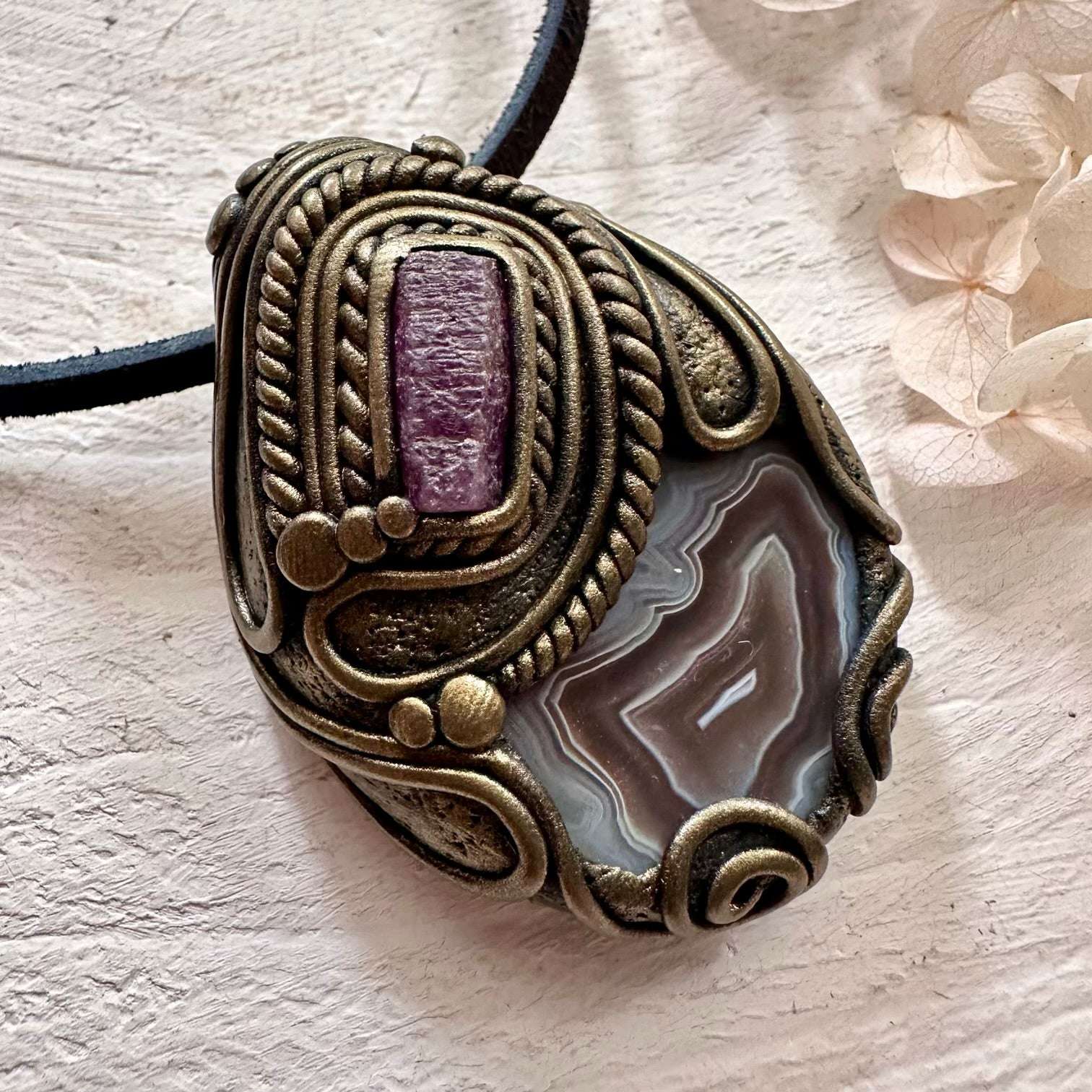 Botswana Agate and Ruby Pendant - FairyGardenGlow