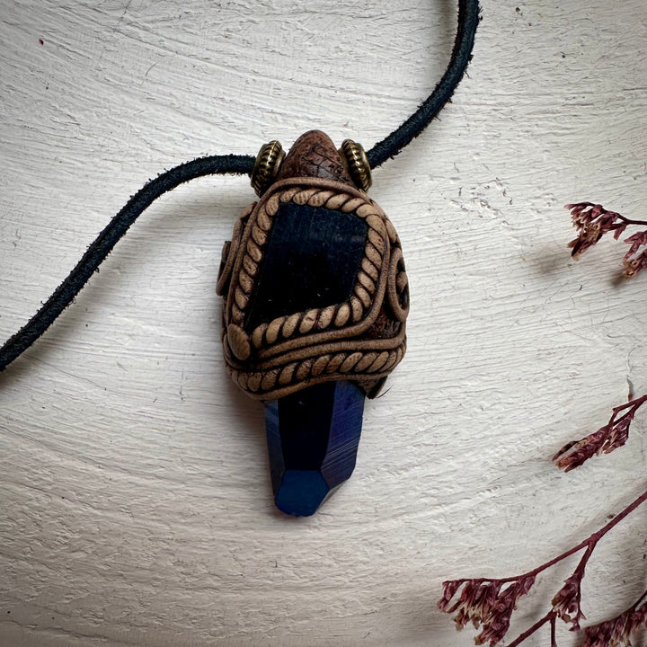 Cobalt Aura Quartz and Black Tourmaline Pendant Necklace - FairyGardenGlow