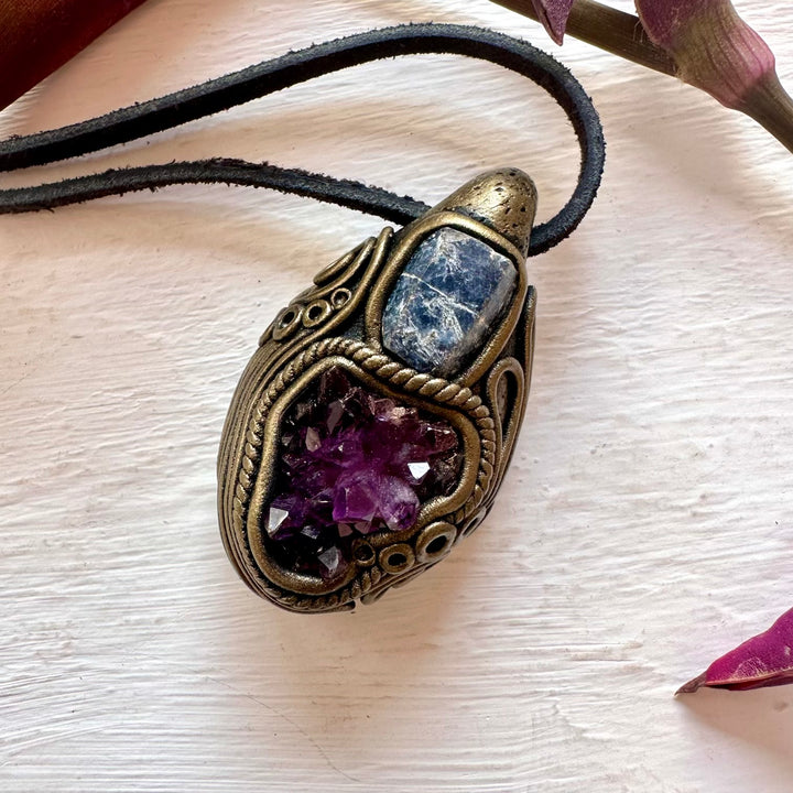 Amethyst Cluster and Raw Blue Sapphire Pendant Necklace - FairyGardenGlow