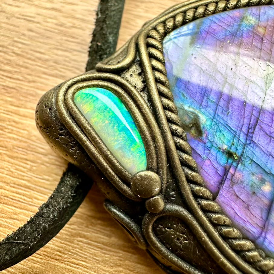 Large Purple Labradorite and Australian Opal Necklace, Unique Crystal Pendant - FairyGardenGlow
