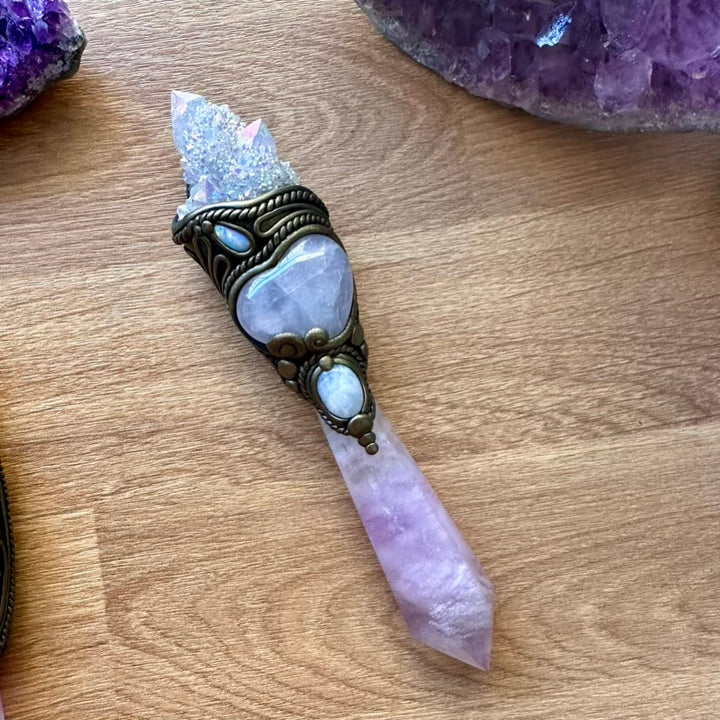 Lavender Fluorite Wand, Angel Aura Spirit Quartz, Rose Quartz Heart, Moonstone and Australian Opal Crystal Wand - FairyGardenGlow